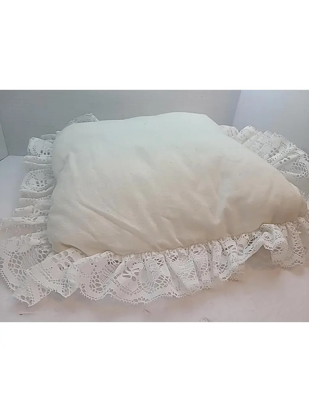 Shabby Chic Hand Stitched Embroidered Pillow With Lace Trim Cottagecore 12x12